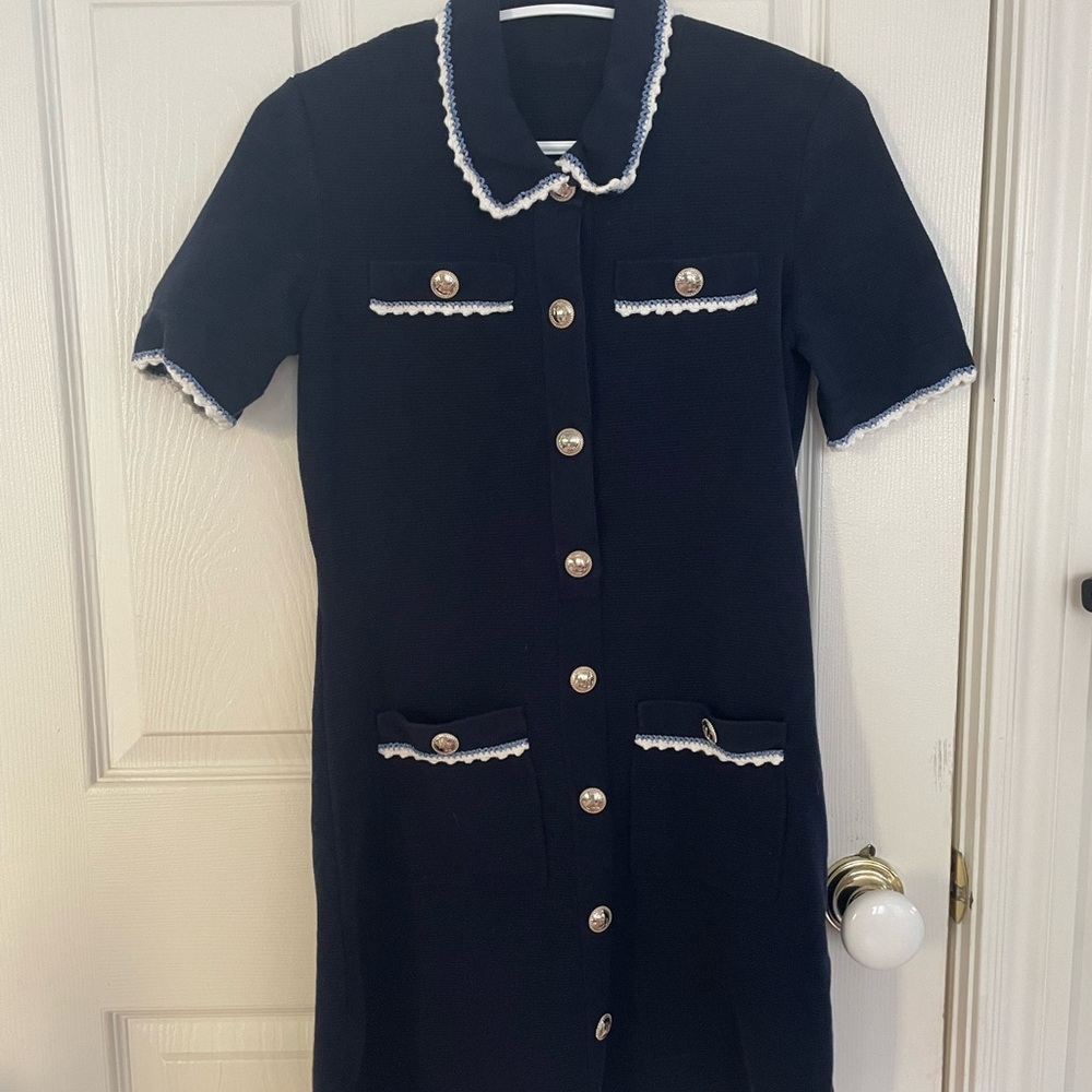 Maje Navy Blue Short Sleeve Button-Front Dress with White Trim